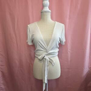 HOLLISTER White Tie Front Shrug Medium Balletcore V-Neck Y2K Twist Crop Top